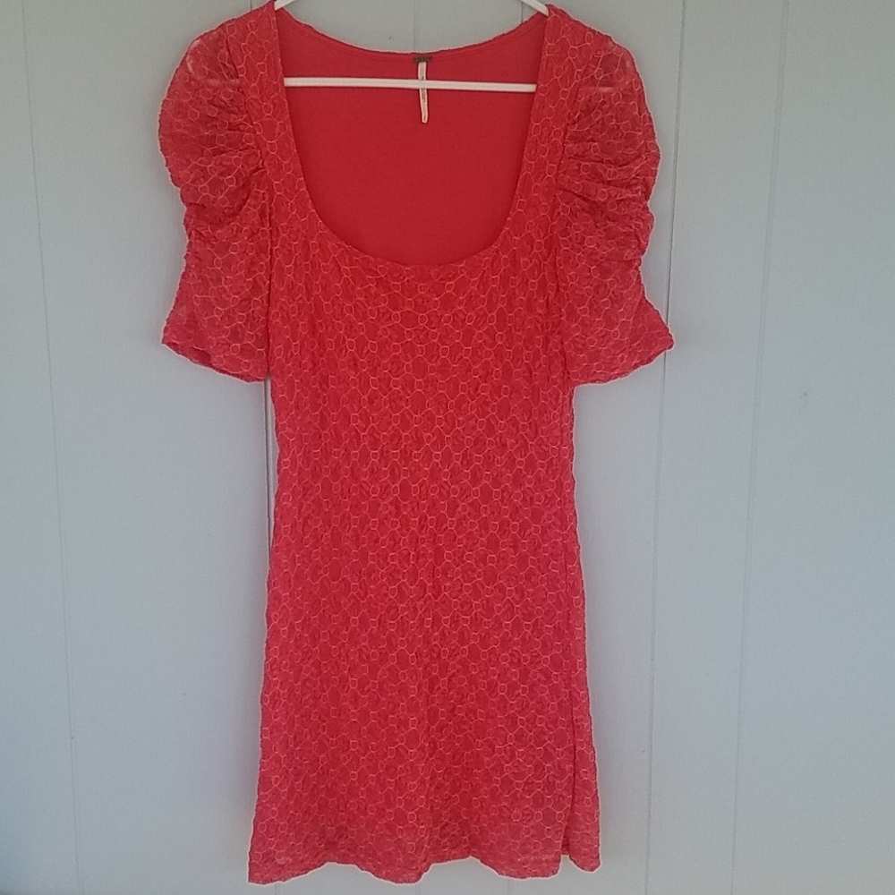 Free People Coral Lined Lace Mini Dress